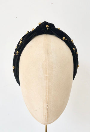 black velvet knotted turban headband with gold beading