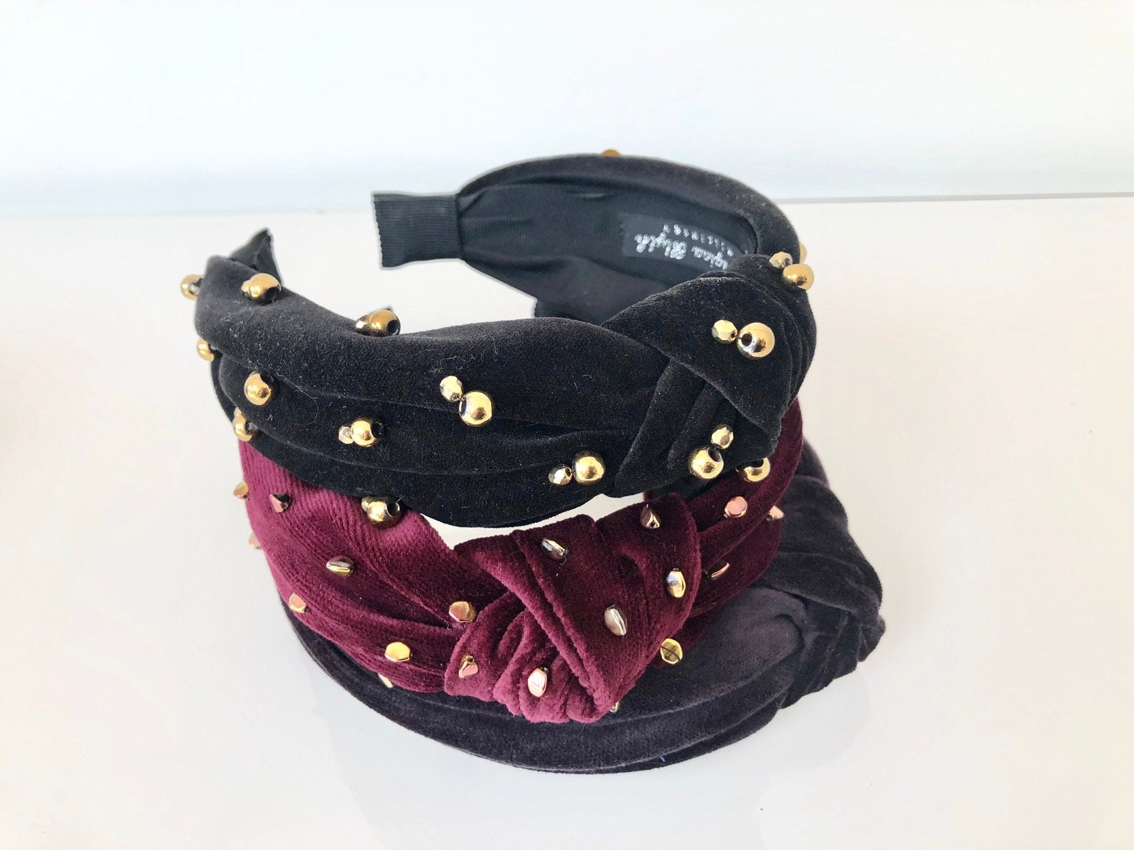 velvet knotted turban headbands with gold beading