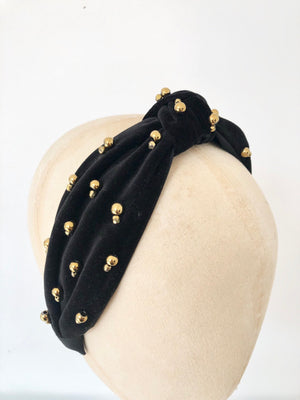 black velvet knotted turban headband with gold beading