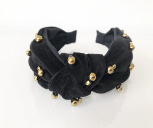 black velvet knotted turban headband with gold beading