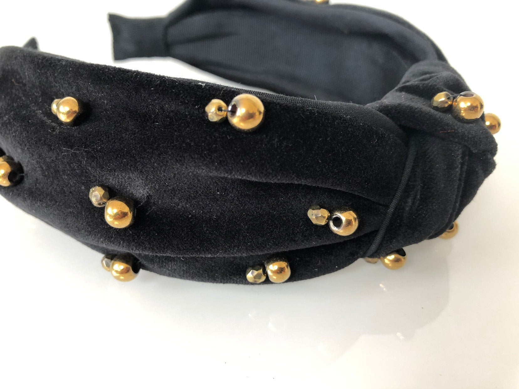 black velvet knotted turban headband with gold beading