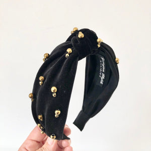 black velvet knotted turban headband with gold beading