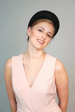 black crystal padded headband in the style of kate middleton, perfect for royal ascot or wedding hat
