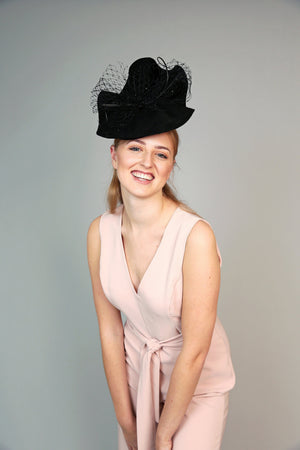 black handshaped wave fascinator felt winter wedding hat with veiling and quills