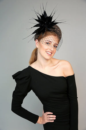 leoprad animal print padded wide  halo crown headband with feather starburst and black veiling