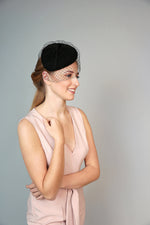 black felt winter teardrop fascinator hat with vinatage veiling and crystals beret style