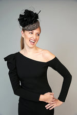 leopard animal print pillbox fascinator hat with large black silk flower, veiling crystals and quills
