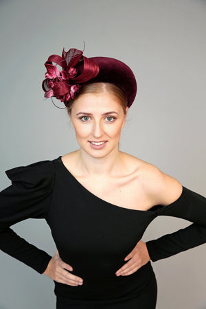 burgundy padded halo crown headband with velvet flowers and silk abaca