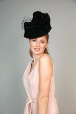 black handshaped wave fascinator felt winter wedding hat with veiling and quills