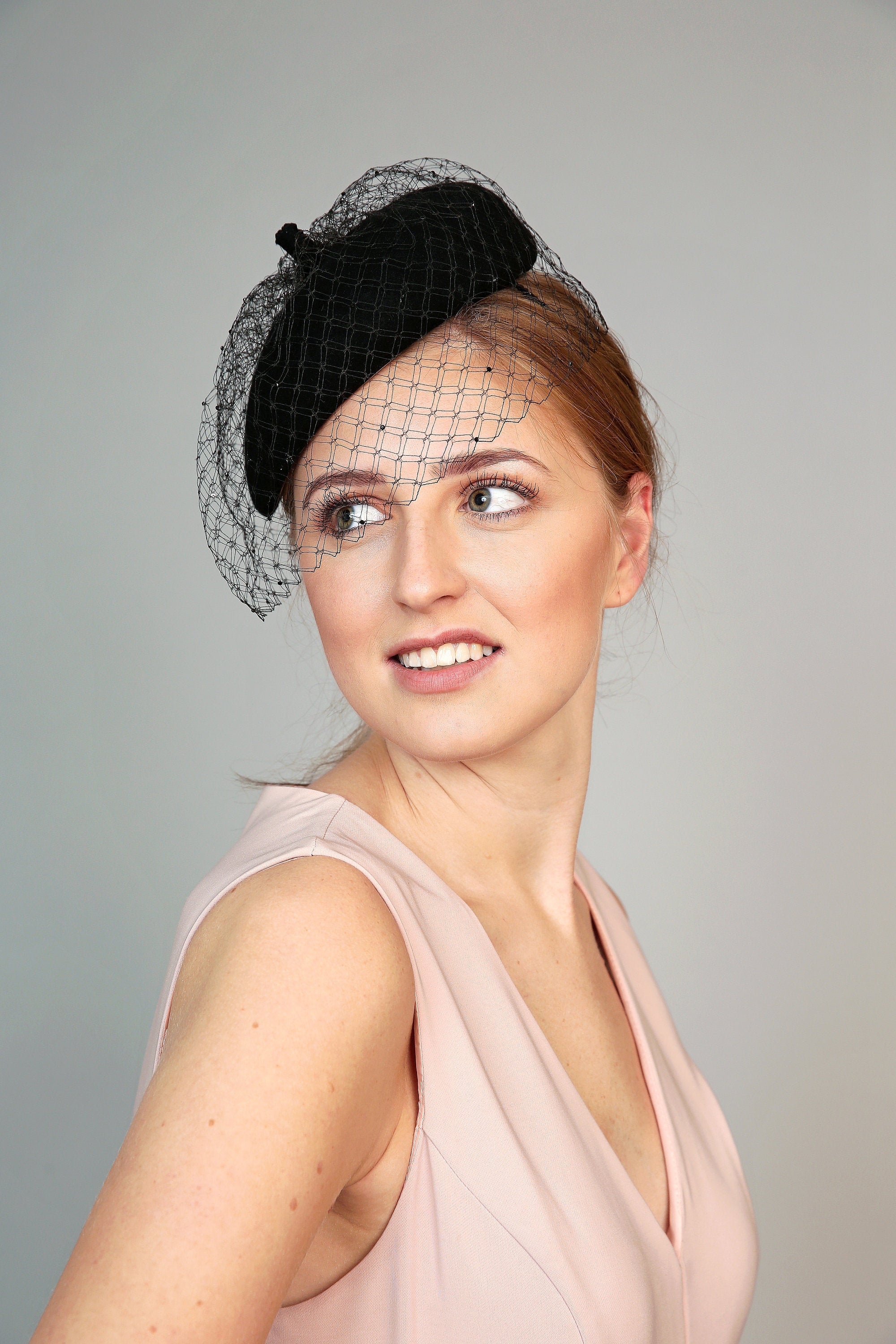 black felt winter teardrop fascinator hat with vintage veiling and crystals beret style
