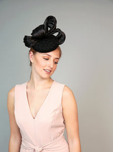 Black glitter pillbox fascinator wedding hat, mother of the bride hat