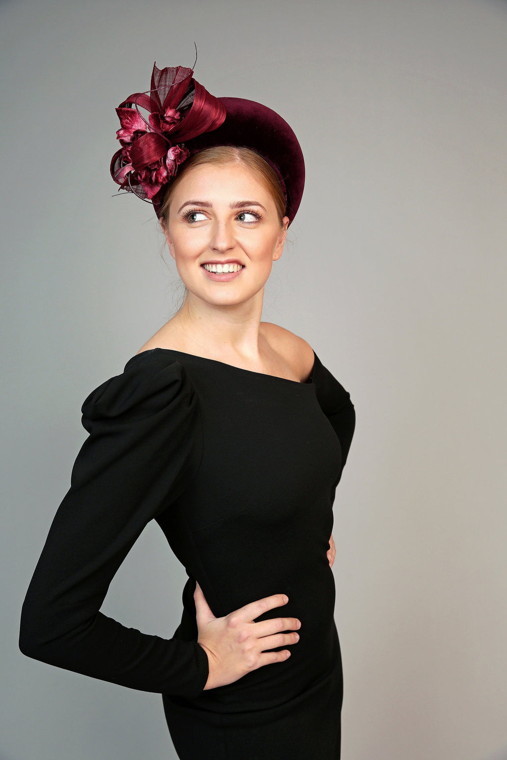 burgundy padded halo crown headband with velvet flowers and silk abaca