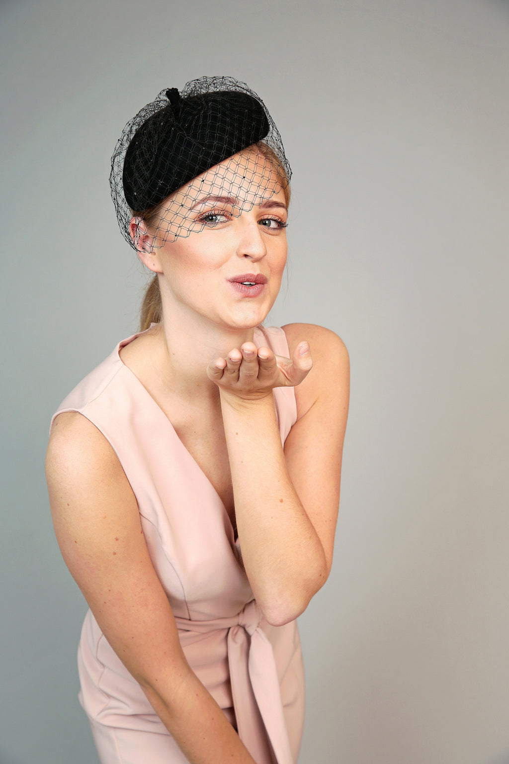 black felt winter teardrop fascinator hat with vinatage veiling and crystals beret style