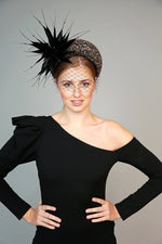 leopard animal print padded wide  halo crown headband with feather starburst and black veiling