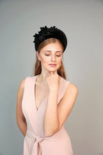 black velvet padded headband, wide halo crown with leather leaves and crystals