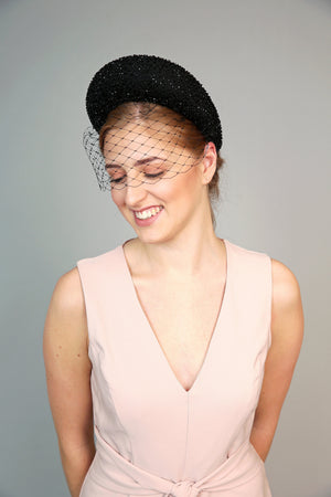 Black crystal padded headband, crescent halo crown