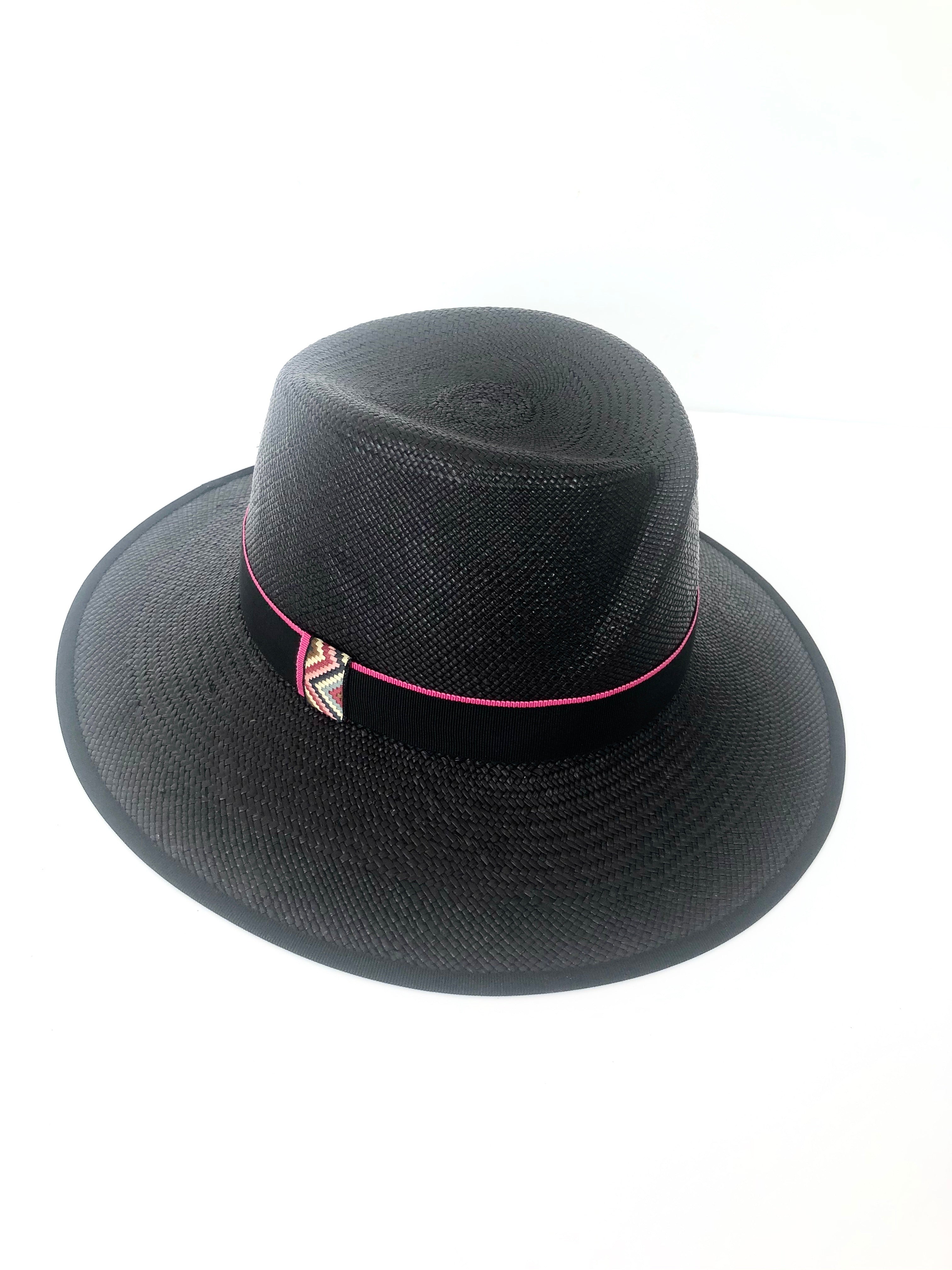 black panama wide brimmed fedora hat with crown over crown, ladies sun hat