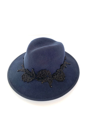 navy blue wool felt fedora hat, wide brimmed ladies winter hat with black lace badn and tiny crystals