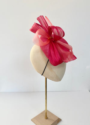 pink and coral teardrop fascinator for mother of the bride, wedding guest or royal ascot