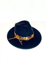navy blue wool felt fedora with natural feather band