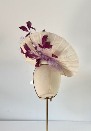 ivory disc hat saucer style hat for Royal ascot, ivory and plum purple feather spray and veiling