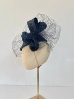 navy cocktail hat with birdcage veiling
