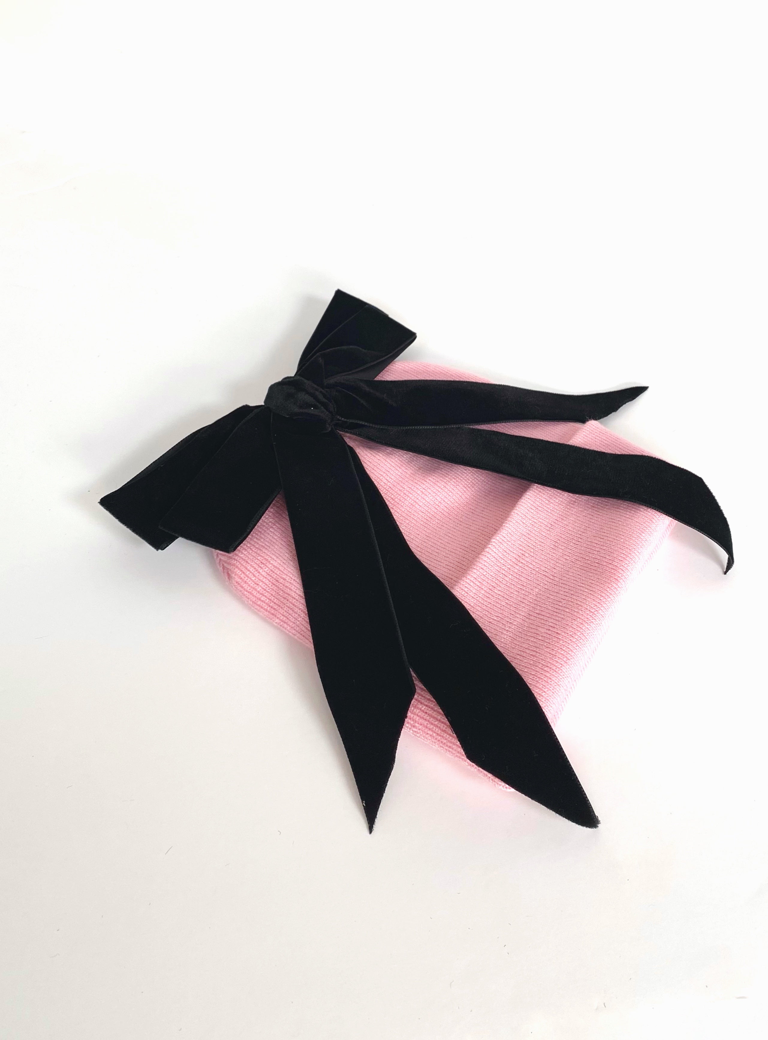 pink beanie with black velvet double bow