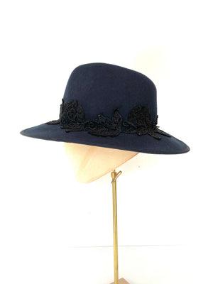 navy blue wool felt fedora hat, wide brimmed ladies winter hat with black lace band and tiny crystals
