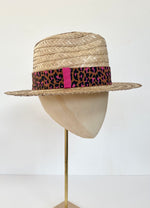 natural straw braided sun hat with pink leopard print band