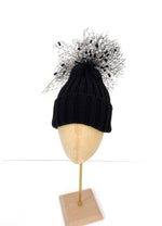 black bobble hat with veiling, beanie knitted hat