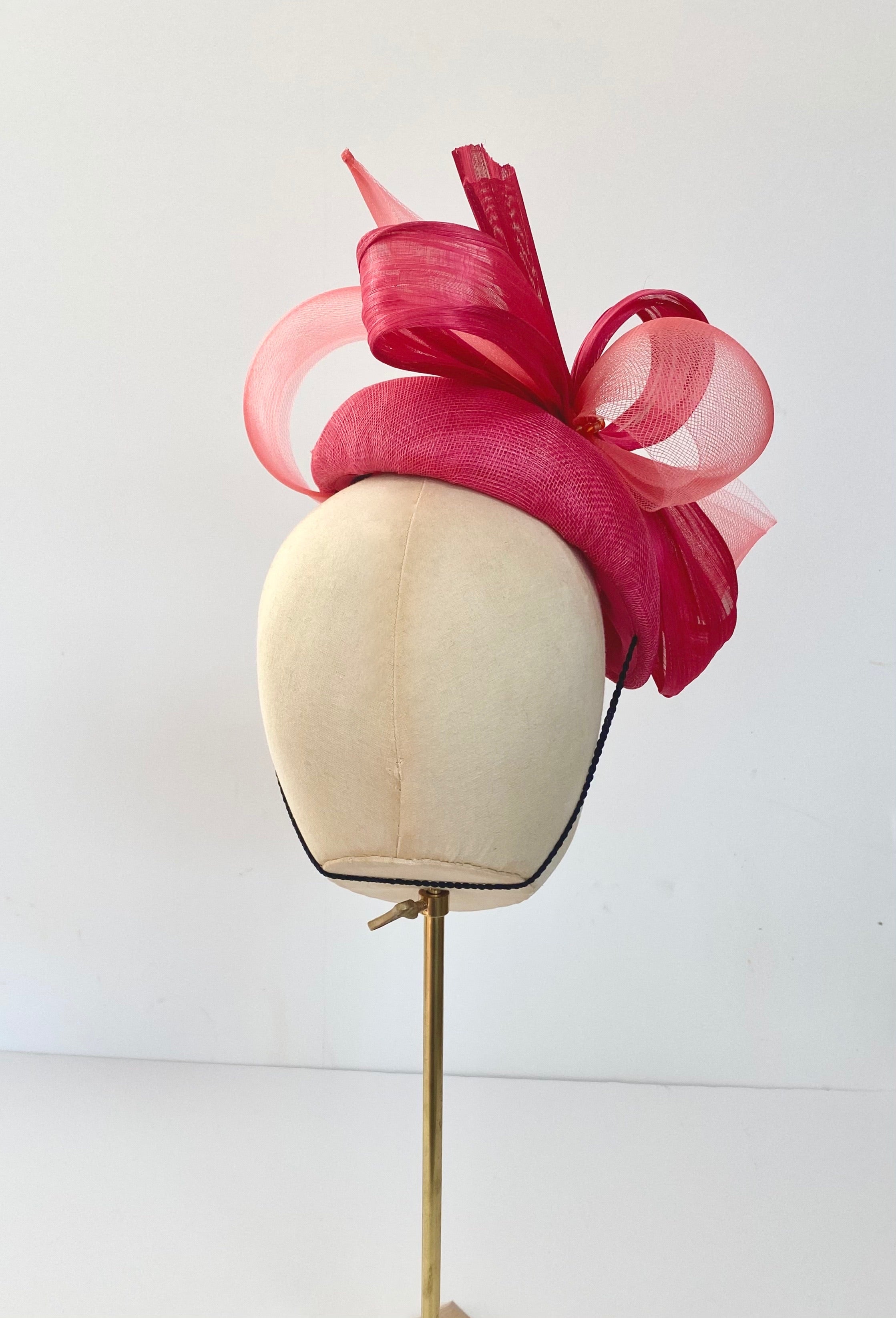 pink and coral teardrop cocktail hat for mother of the bride.  Fascinator for wedding