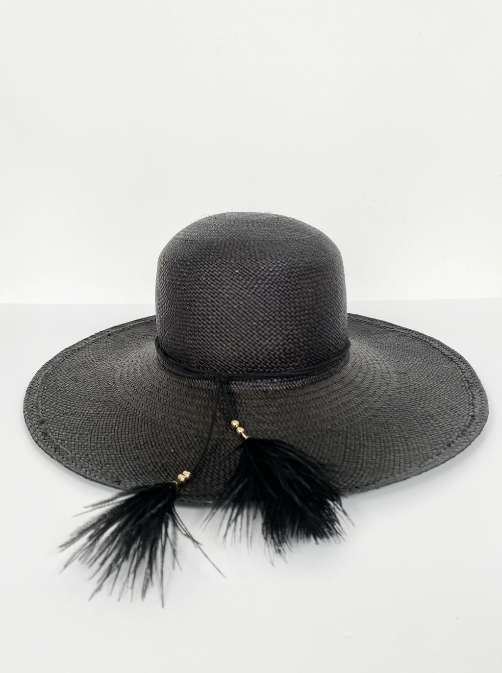 black panama open crown sun hat with suede band and ostrich feather pom 