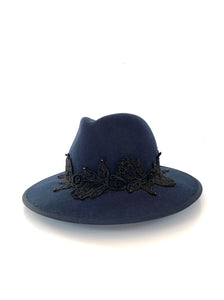 navy blue wool felt fedora hat, wide brimmed winter hat with black lace band and tiny crystals
