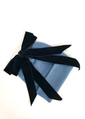 petrol blue beanie with black velvet bow