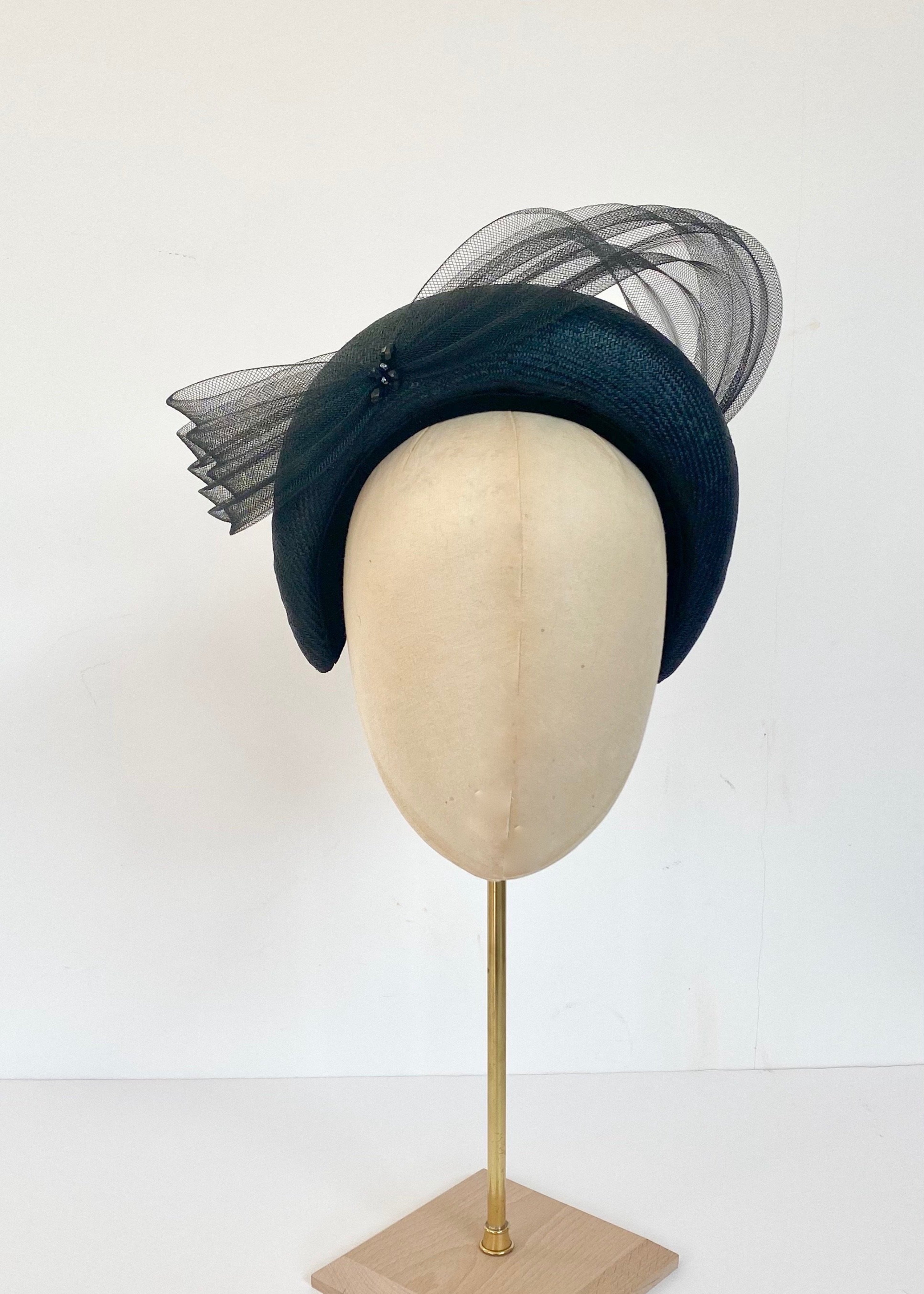 black halo padded headband with pleated crin bow