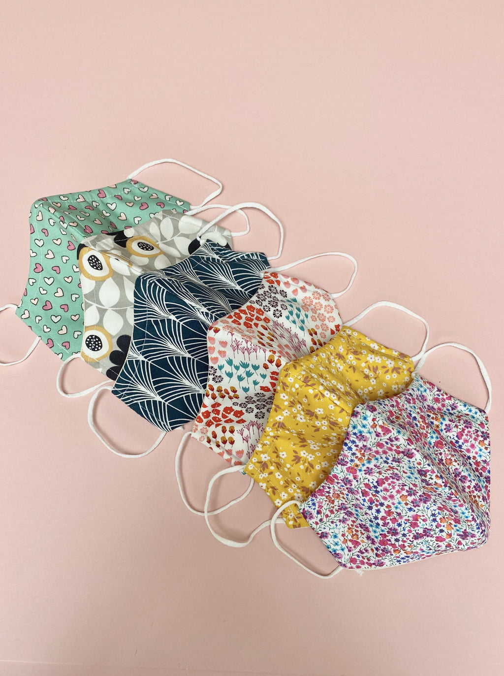 facemasks, various colours, floral, spots, hearts.  cotton, triple layer, nose wire.  structured face covering