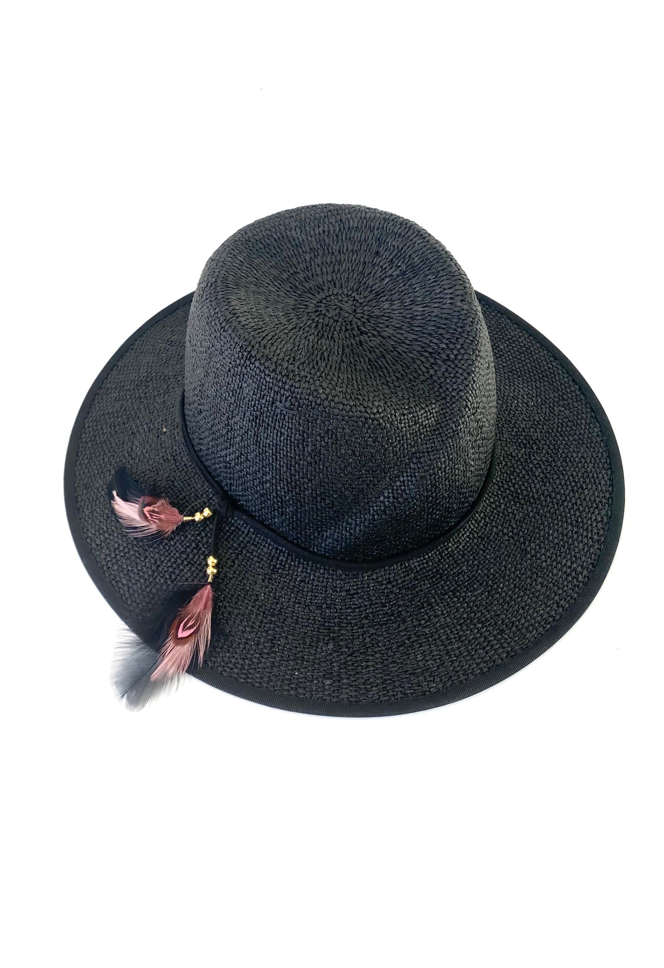 boho black straw hat with slanted crown fedora with feather tassels