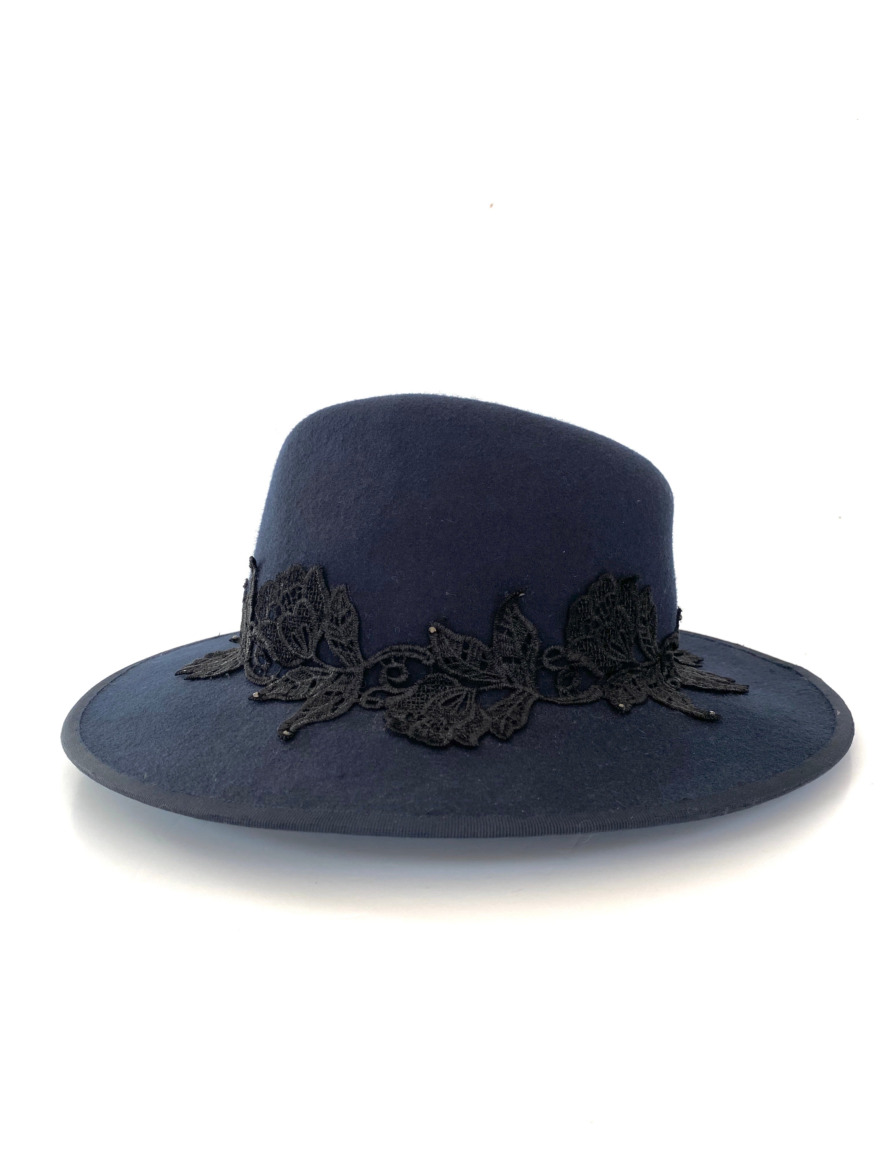 navy blue wool felt fedora hat, wide brimmed ladies winter hat with black lace band and tiny crystals