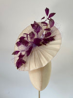 pleated disc headpiece hat with feather spray and veiling - Royal Ascot Hat Ivory and plum