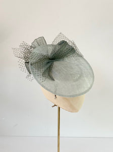 duck egg disc hat for wedding with silk abaca and veiling
