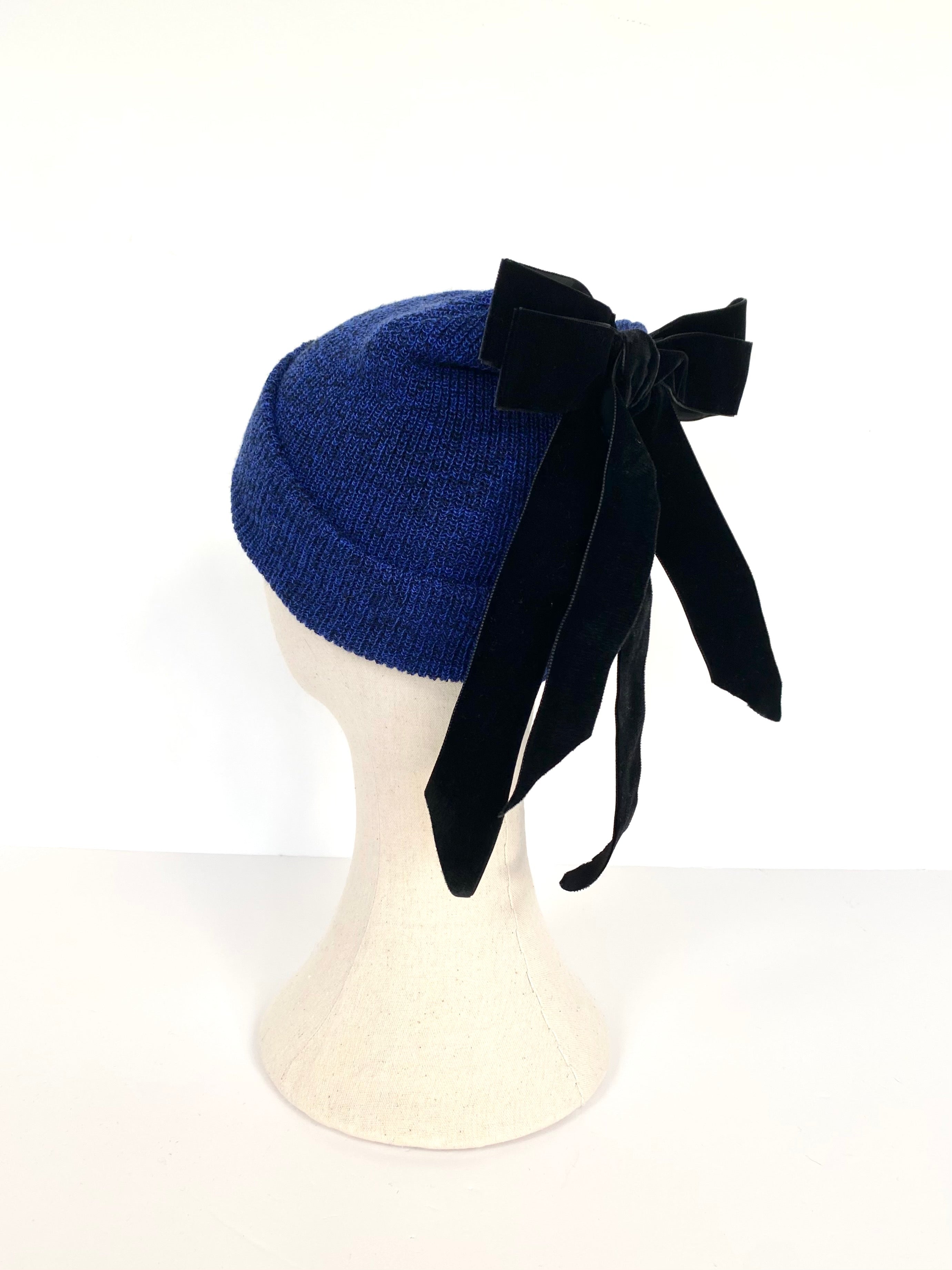 royal blue beanie with cuff and black velvet bow