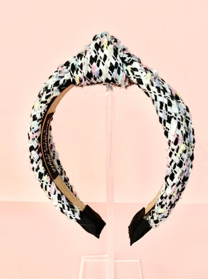 boucle tweed knotted headband black and white with pastel colours