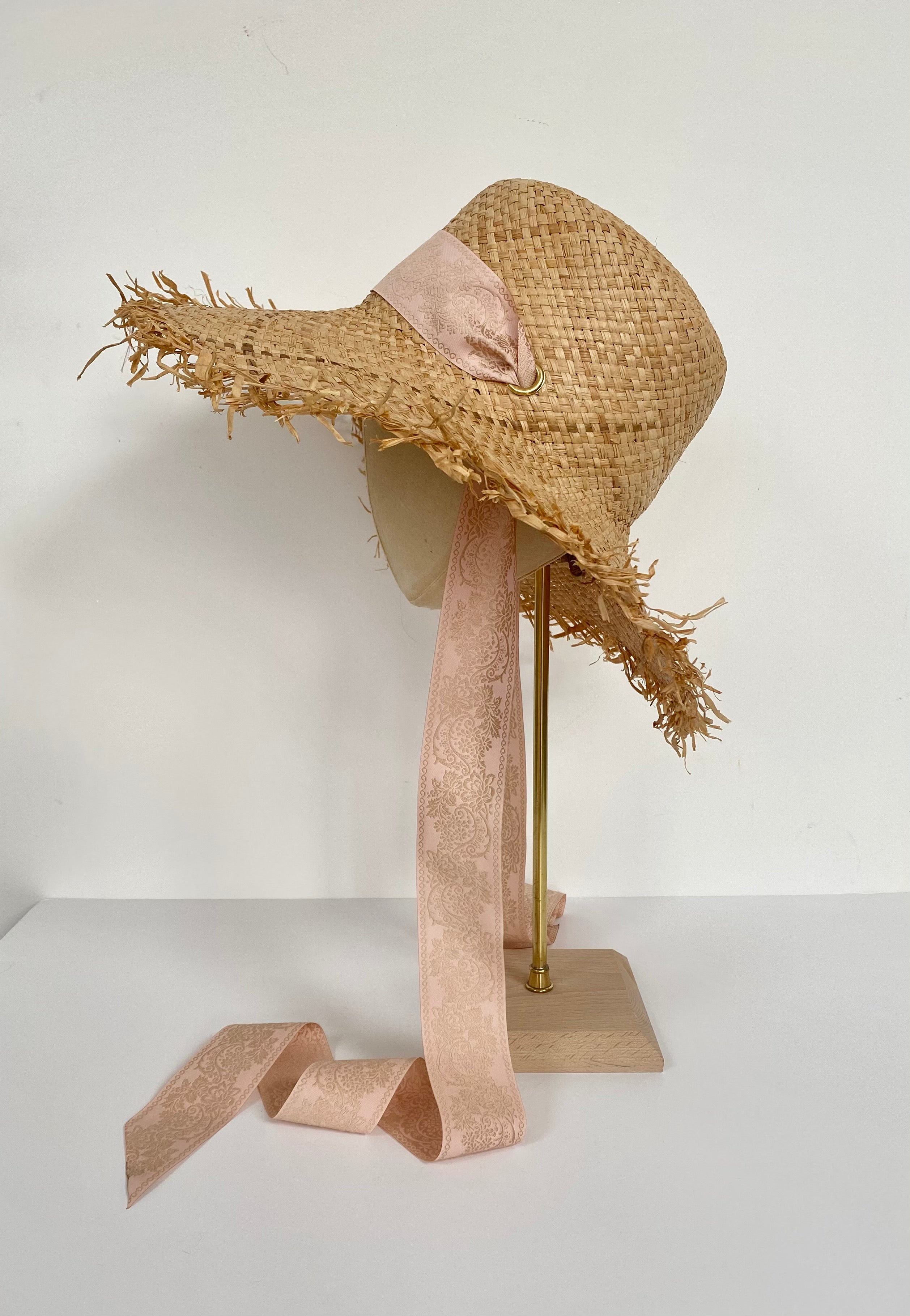 Natural Raffia Straw Wide Brim Floppy Sun Hat With Pink Ribbon Neck Tie