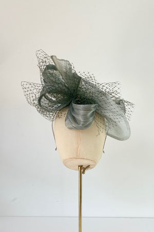 duck egg sage green wedding hat for mother of the bride with veiling and silk abaca