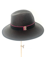 black panama wide brimmed fedora hat with cross over crown, ladies sun hat