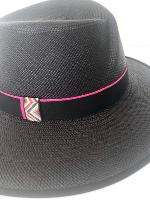 black panama wide brimmed fedora hat with crown over crown, ladies sun hat