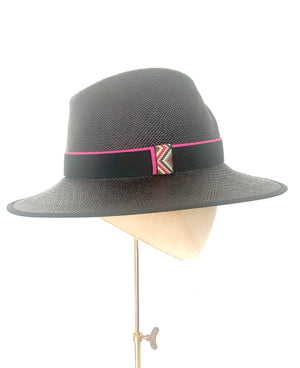black panama wide brimmed fedora hat with cross over crown, ladies sun hat