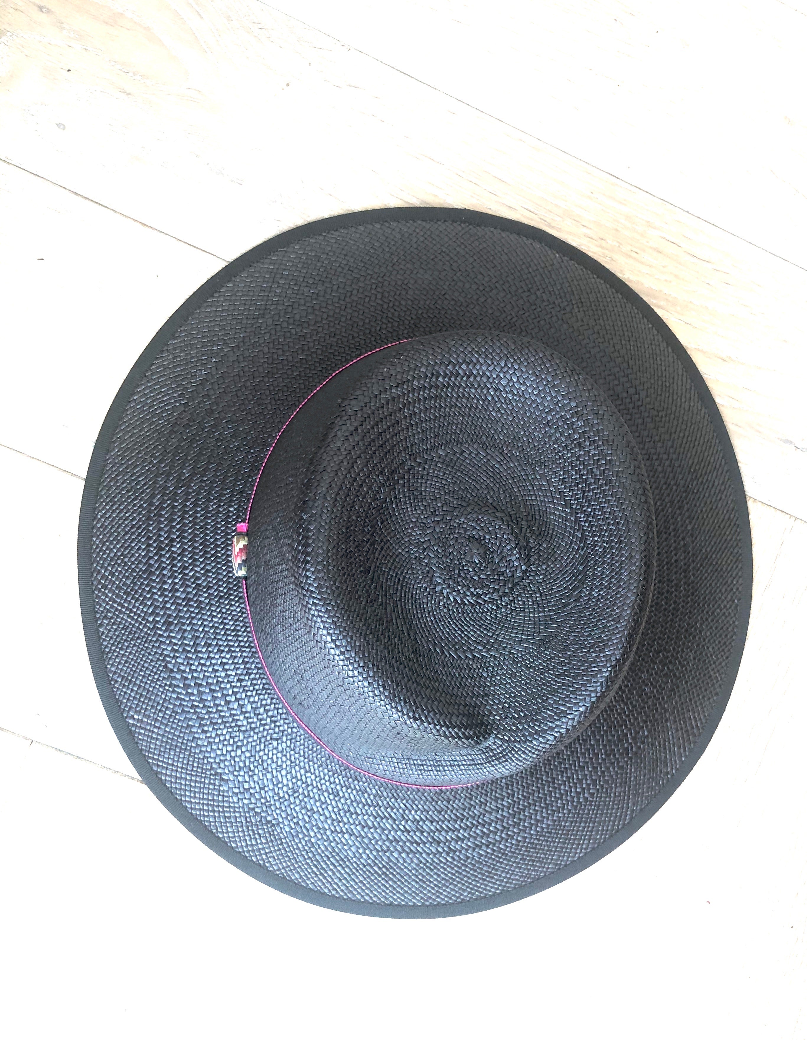 black panama wide brimmed fedora hat with cross over crown, ladies sun hat, top view
