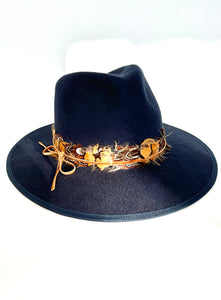 navy blue wool felt fedora with natural feather band