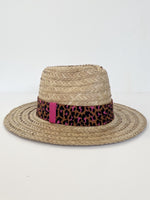 natural straw fedora hat flat brim with leopard print band